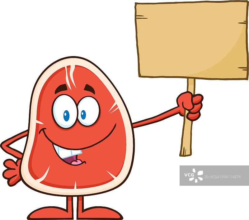 拿着空白牌子的牛排卡通吉祥物图片素材