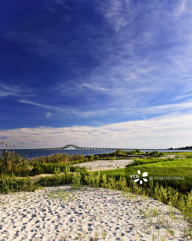 从长岛贝尔肖尔的加德纳县公园看到的罗伯特·摩西堤道桥图片素材