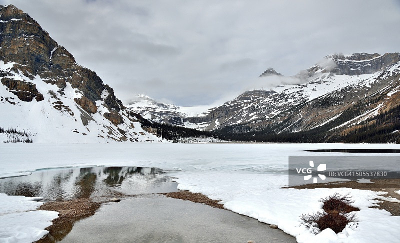 弓湖的融水与山脉冰川图片素材