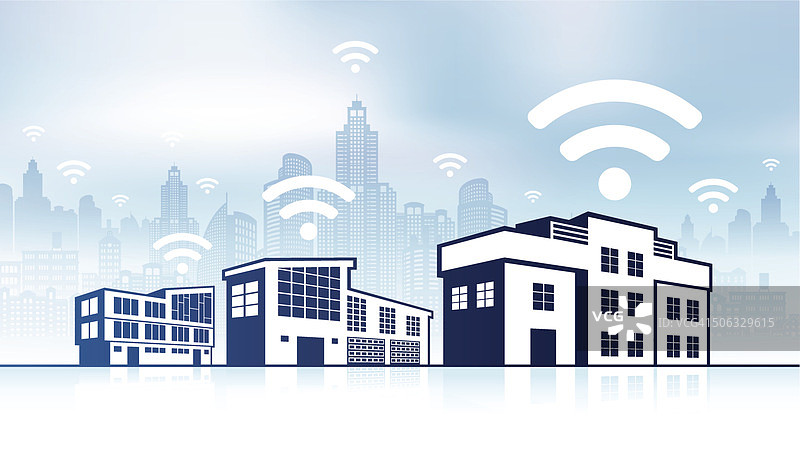 全景城市天际线背景上的Wi-Fi小屋图片素材