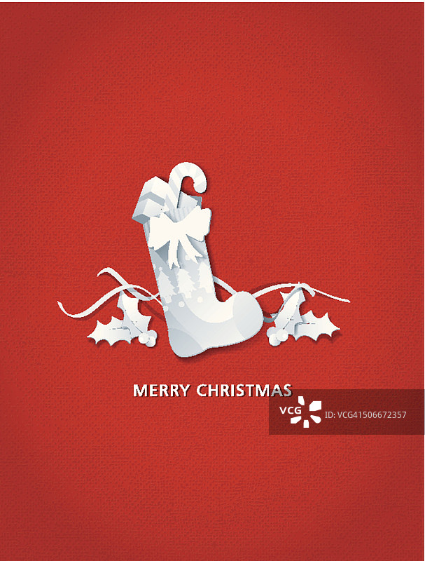 红色卡片背景上的剪纸圣诞袜拼贴图片素材