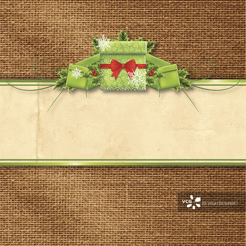 粗麻布背景上的冬青圣诞礼物banner图片素材