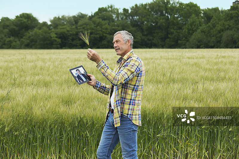 与商人进行视频聊天的白人农民图片素材