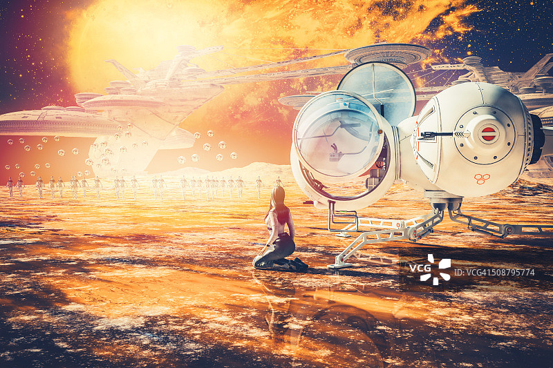 有机器人、无人机和背景城市蜂巢的外星行星图片素材