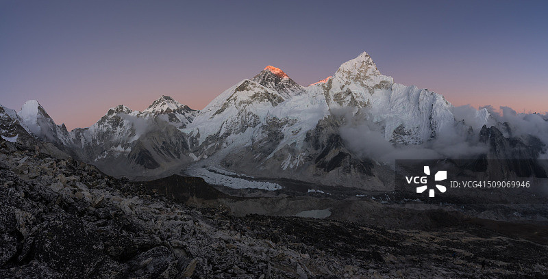 从卡拉帕塔观珠穆朗玛峰、努子峰全景，珠穆朗玛峰地区图片素材
