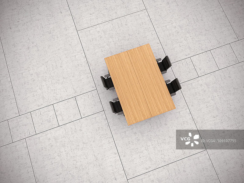 混凝土楼板上的会议桌和四把办公椅（3D渲染）图片素材