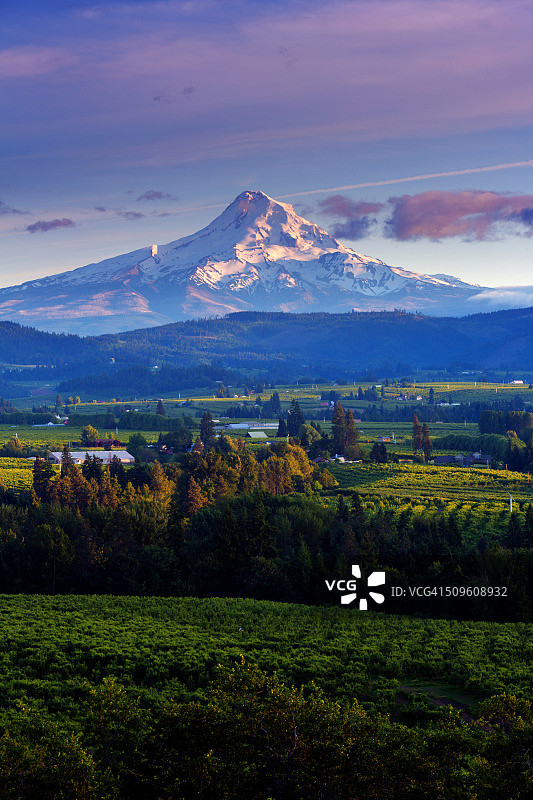 从全景角度看日落时分胡德河谷上方的胡德雪山图片素材