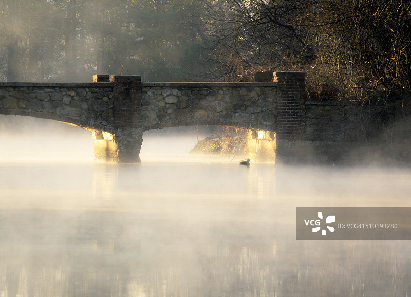 雾气蒙蒙的早晨：纽约巴比伦的石桥图片素材