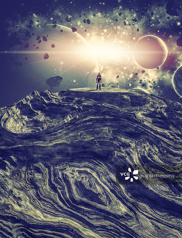 在外星人星球上观看当地星云群的宇航员图片素材