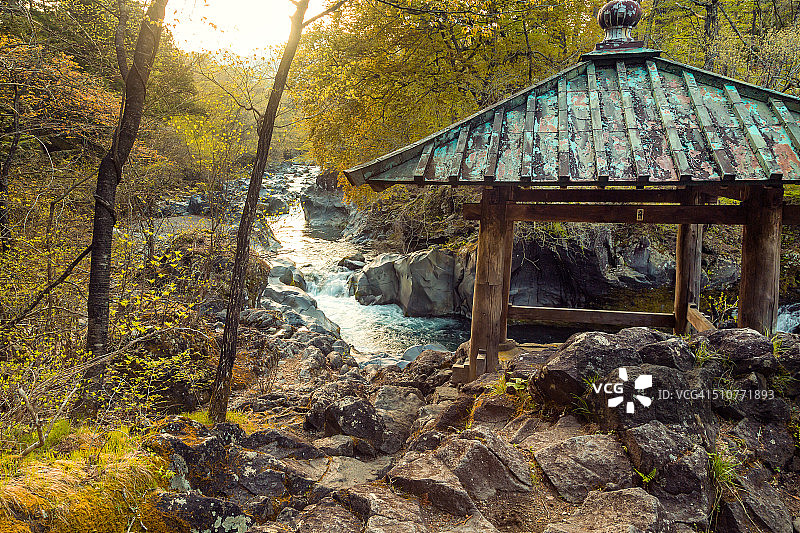 俯瞰山间流淌的河流图片素材