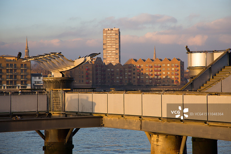 泰晤士河上栖息着鸟类的码头图片素材
