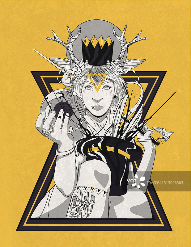 在黄色背景上拿着圆盘和魔杖的女人插画图片素材