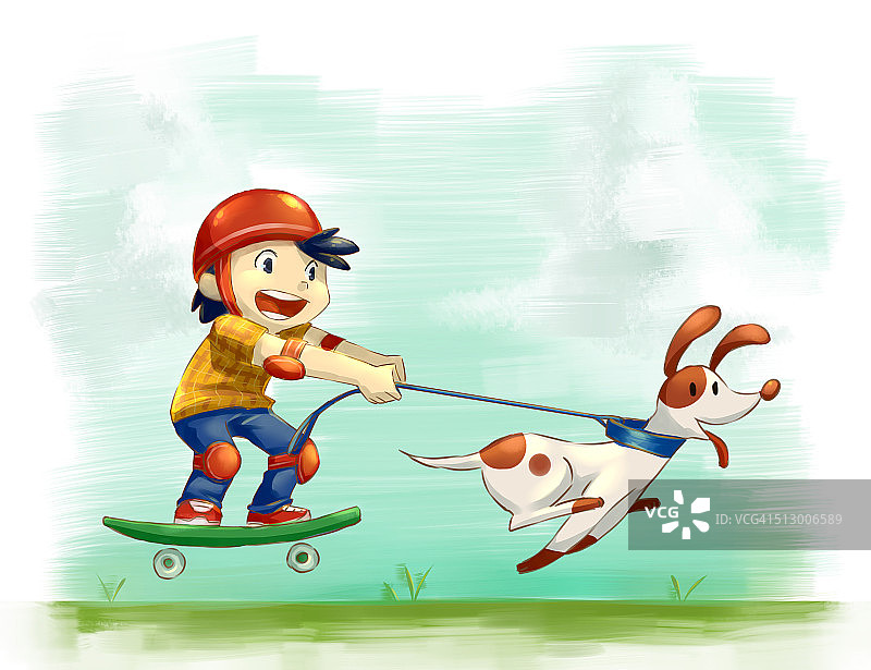 男孩和狗玩轮滑插画图片素材