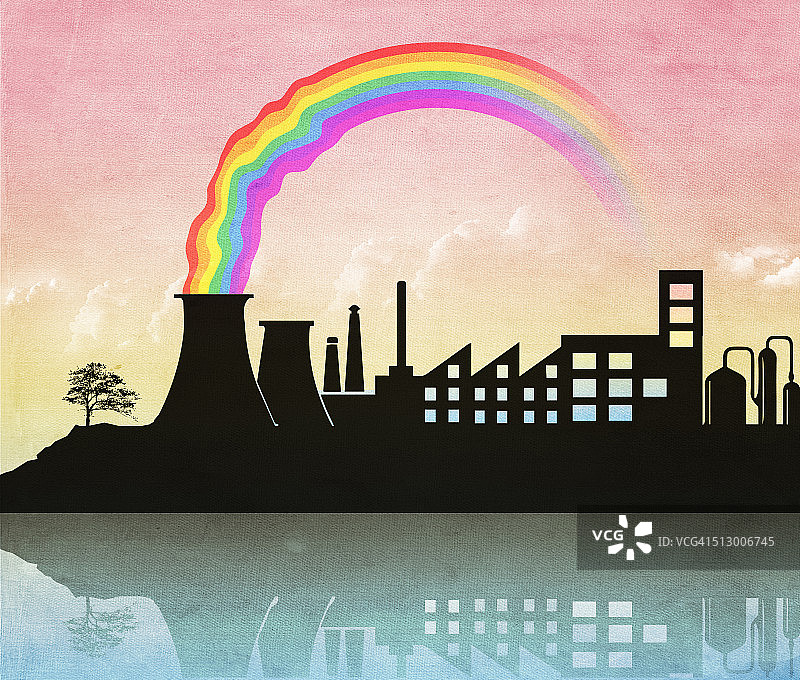 从工业核反应堆发出彩虹，代表绿色技术的示意图图片素材