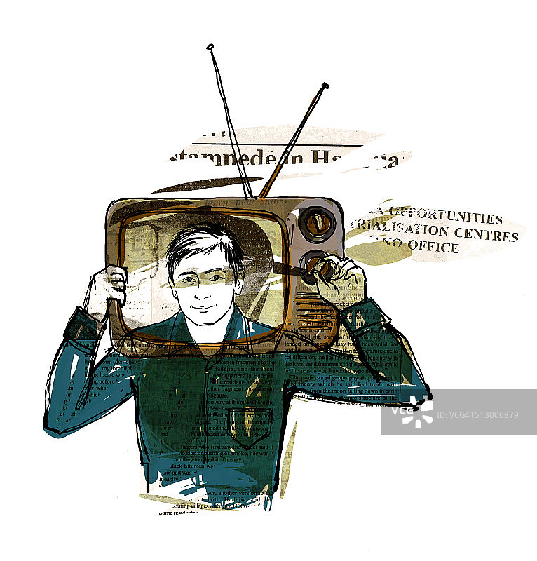 在白色背景上，电视里有新闻播音员的头像插画图片素材