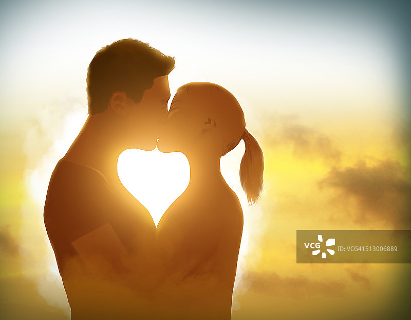情侣日落时接吻插画图片素材