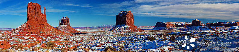 冬季，从野猫小径观看犹他州纪念碑谷橙色岩层全景图片素材