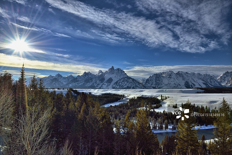 阳光照耀着蛇河与提顿山峰图片素材