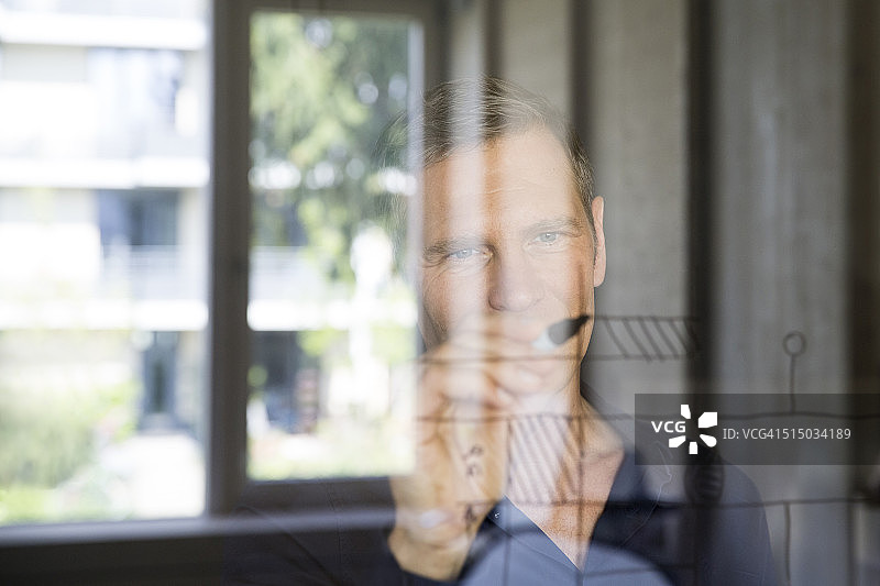 在玻璃上绘画草图的商务男士肖像图片素材