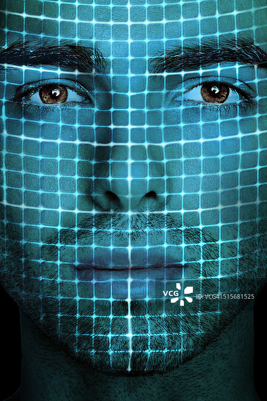 带网格激光束的人脸扫描图片素材