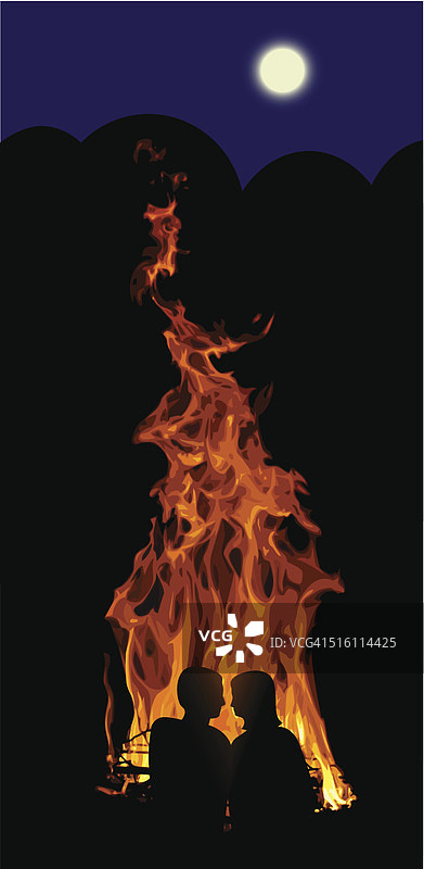 爱之火焰，夜晚年轻情侣的浪漫篝火图片素材