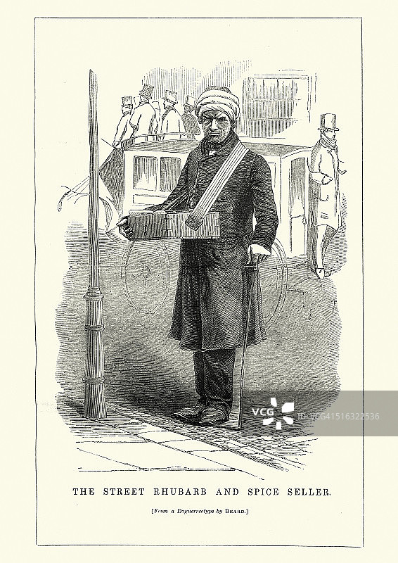 维多利亚时代的伦敦街头：大黄和香料小贩图片素材