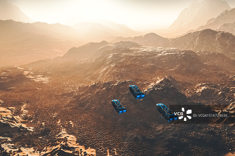 外星景观上的飞行不明飞行物图片素材