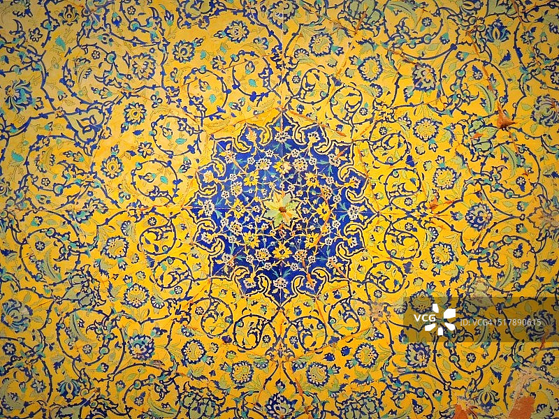 黄色和蓝色花卉清真寺穹顶马赛克图片素材