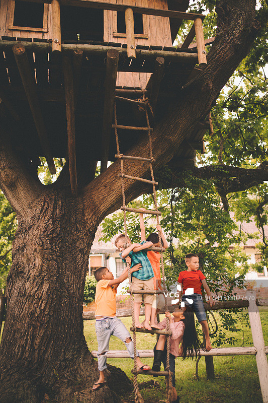 一群孩子在树屋的绳梯上玩耍图片素材