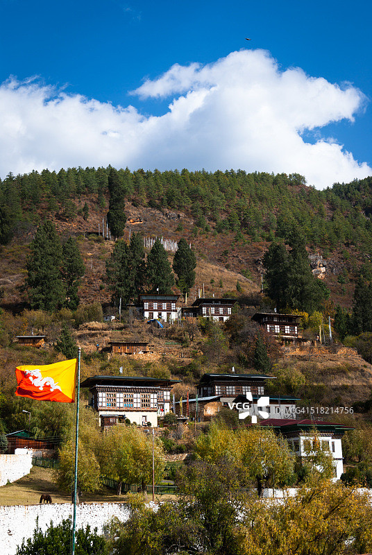 不丹帕罗山坡上的传统房屋和不丹国旗图片素材