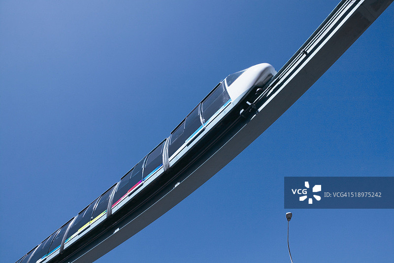 从下往上看蓝天下的单轨列车图片素材