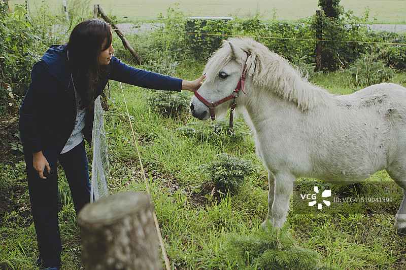 女人抚摸白色小马图片素材