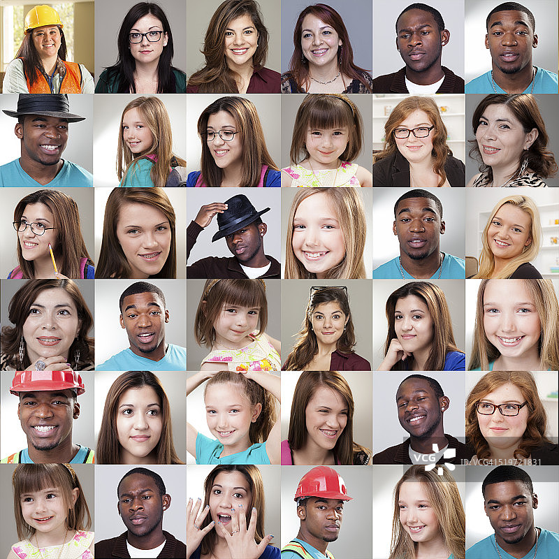 人物拼贴：不同的表情、种族和年龄。图片素材