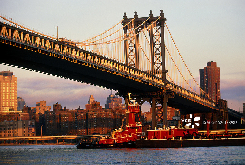 东河和曼哈顿大桥上的拖船图片素材