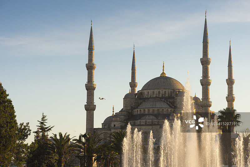 蓝色清真寺与喷泉图片素材