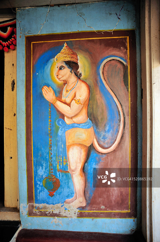 印度马哈拉施特拉邦信度都尔格阿特拉梅什瓦神庙墙上的哈努曼绘画图片素材