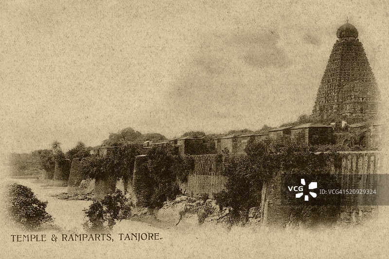 印度坦贾武尔世界遗产地寺庙城墙老明信片图片素材