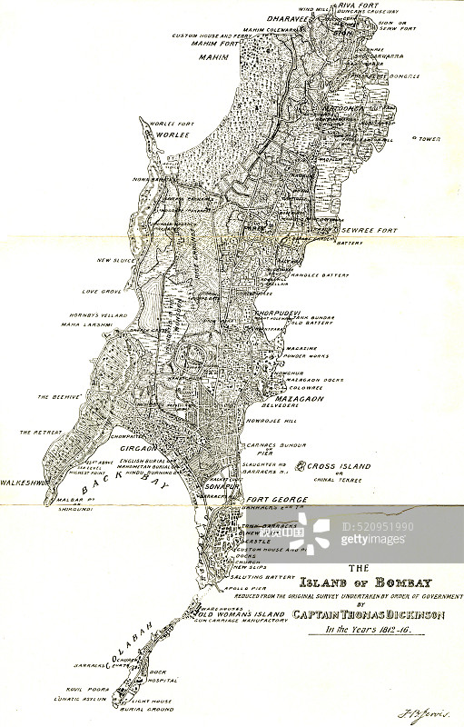 孟买地图：托马斯·迪克逊船长，1812年，印度马哈拉施特拉邦孟买图片素材