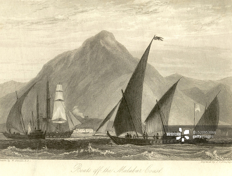 印度马拉巴尔海岸附近的船只石版画图片素材