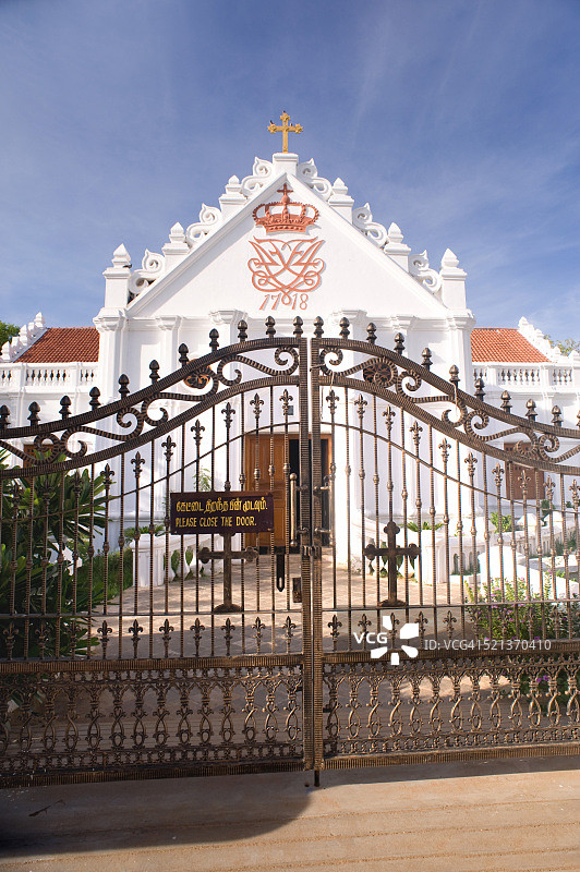 印度泰米尔纳德邦特兰克巴或塔朗阿姆巴迪的路德教会图片素材