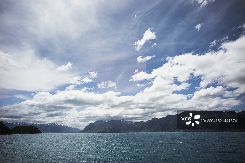 白天的哈威亚湖，有云和阳光图片素材