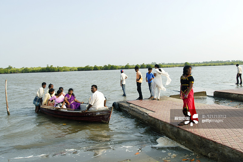 在印度泰米尔纳德邦吉丹巴拉姆附近的皮查瓦拉姆红树林附近，人们乘船在海上旅行图片素材