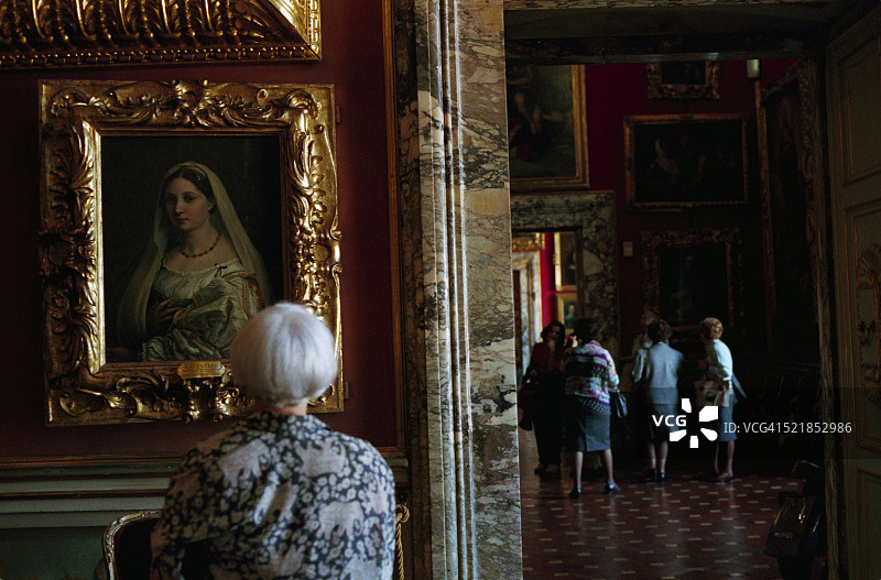 参观者在帕拉蒂纳美术馆欣赏拉斐尔的《女子》图片素材