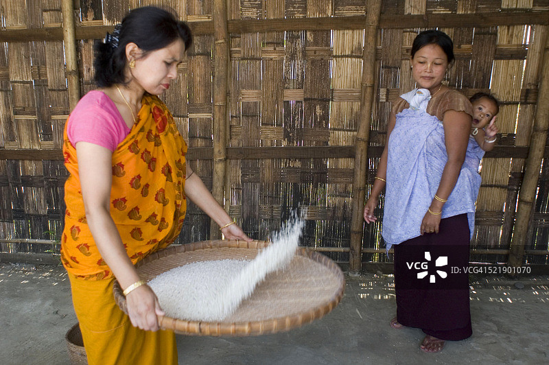 印度阿萨姆邦曼尼普尔邦的梅泰族妇女在扬谷图片素材