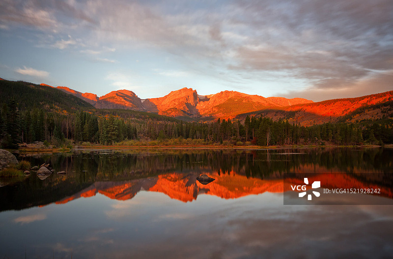 落基山国家公园斯普拉格湖的阿尔卑斯山辉光倒影图片素材