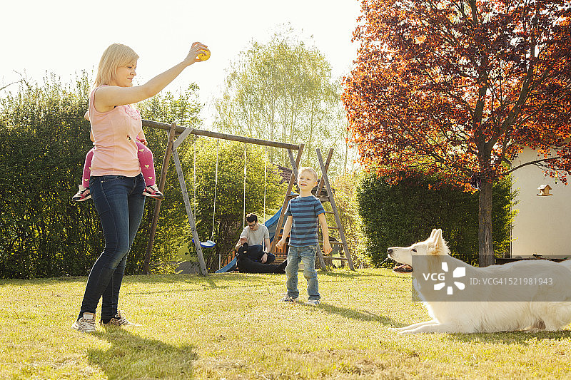 在花园训练宠物狗的一家图片素材