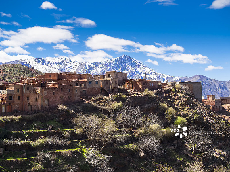 阿纳梅尔土坯村，乌里卡山谷，阿特拉斯山脉后，阿纳梅尔，马拉喀什-坦西夫特-豪兹，摩洛哥图片素材