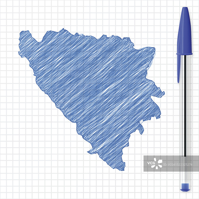 在方格纸上用蓝色笔绘制的波斯尼亚和黑塞哥维那地图草图图片素材