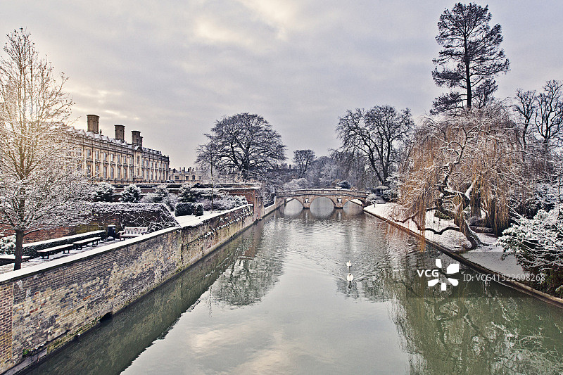 英国剑桥，雪景覆盖的剑河风光图片素材