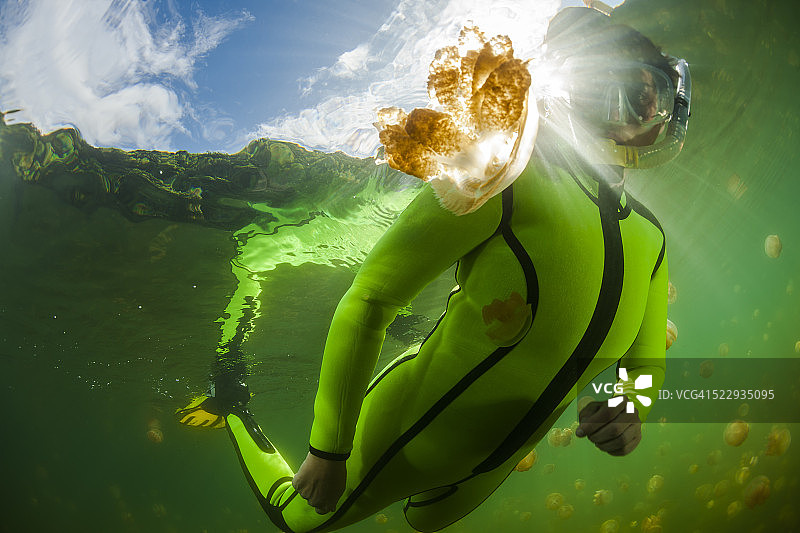 大洋洲帕劳群岛埃尔克马尔克，在咸水湖中观看斑点水母的女性图片素材